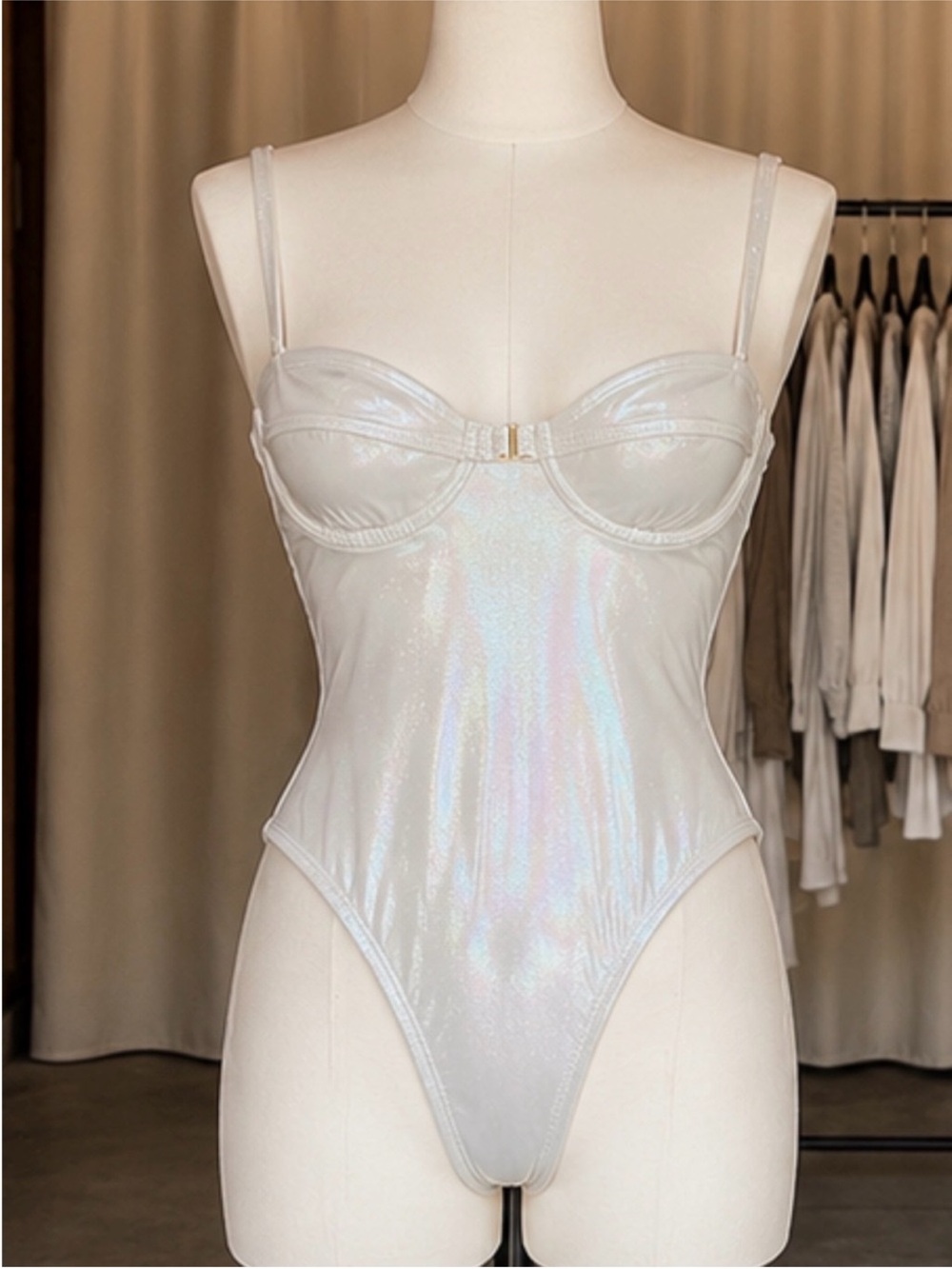 Iridescent White Satin Bustier Bodysuit